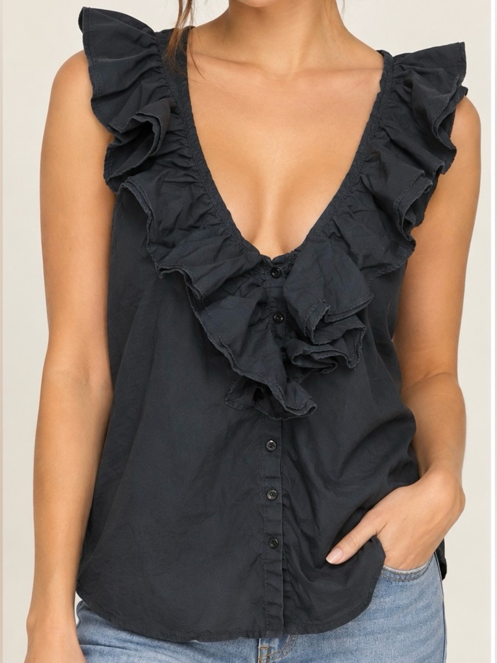 Lauren Ralph Lauren Black Ruffled V-Neck Sleeveless Blouse